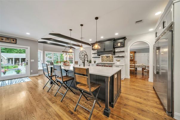 Dining room, Interior, Kitchen, Pendant Lights, Recessed Lighting, Stainless Steel Appliances, Wood Texture Flooring