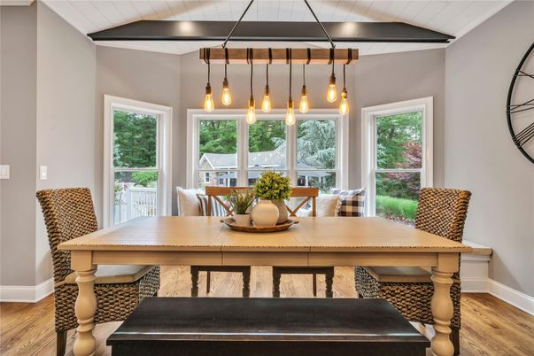 Dining room, Interior, Pendant Lights, Wood Texture Flooring