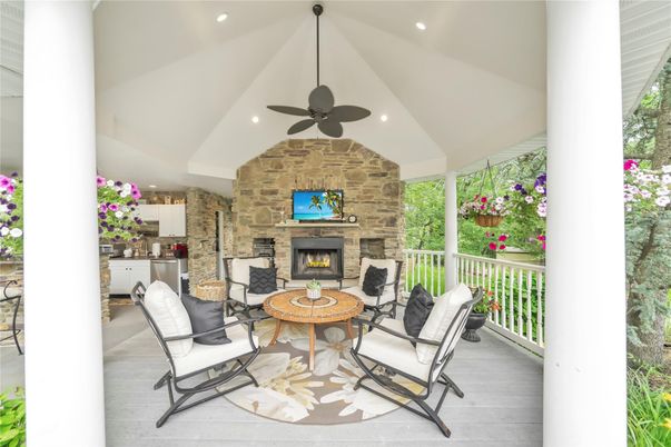 Exterior, Fireplace, Interior, Recessed Lighting, Stone Walls