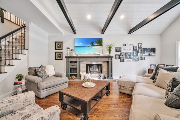 Fireplace, Interior, Living room, Recessed Lighting, Wood Texture Flooring