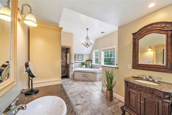 Bathroom, Chandelier, Dual Sink Vanities, Interior, Recessed Lighting
