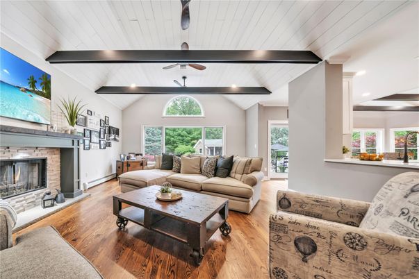 Fireplace, Interior, Living room, Recessed Lighting, Wood Texture Flooring