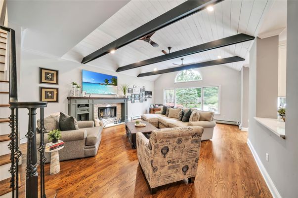 Fireplace, Interior, Living room, Recessed Lighting, Wood Texture Flooring