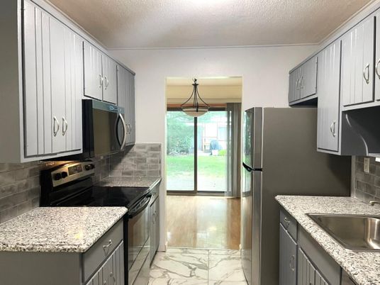 Interior, Kitchen, Marble, Pendant Lights, Wood Texture Flooring
