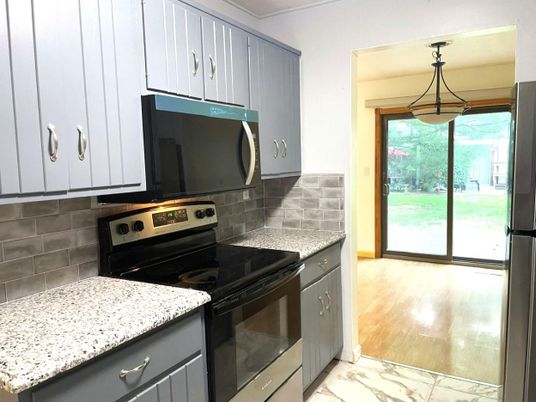 Interior, Kitchen, Pendant Lights, Stainless Steel Appliances, Wood Texture Flooring