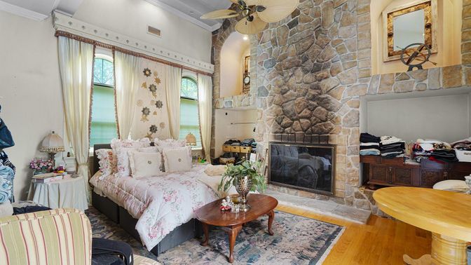 Bedroom, Fireplace, Interior, Stone Walls, Wood Texture Flooring
