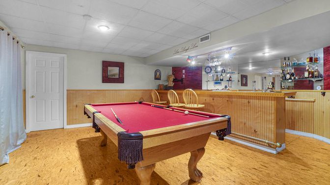 Billiard Table, Game Room, Interior, Recessed Lighting, Wood Texture Flooring