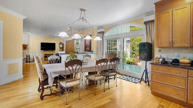 Dining room, Interior, Pendant Lights, Wood Texture Flooring