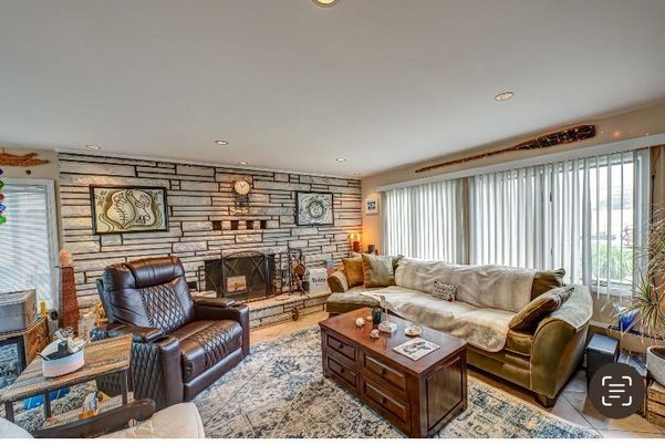 Fireplace, Interior, Living room, Recessed Lighting, Stone Walls