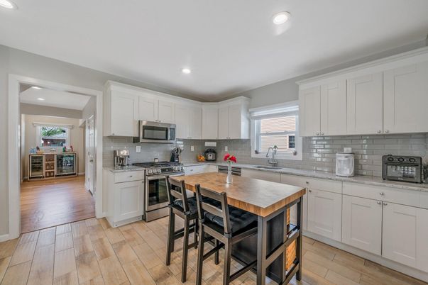 Interior, Kitchen, Recessed Lighting, Stainless Steel Appliances, Wood Texture Flooring