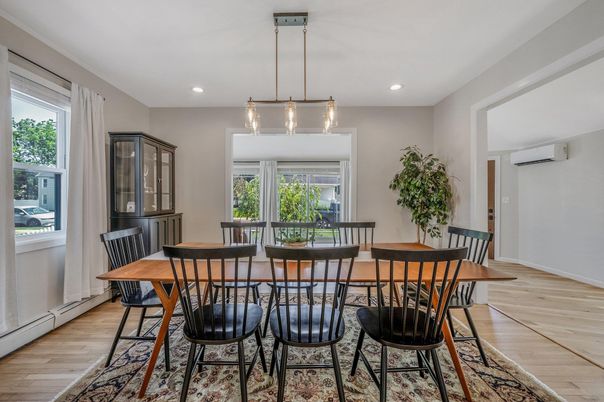 Dining room, Interior, Pendant Lights, Recessed Lighting, Wood Texture Flooring
