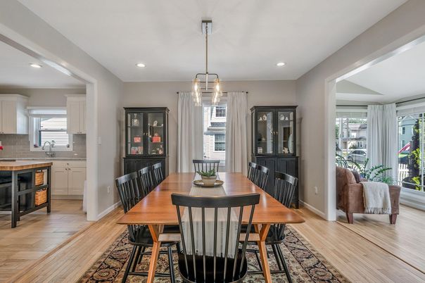 Dining room, Interior, Pendant Lights, Recessed Lighting, Wood Texture Flooring