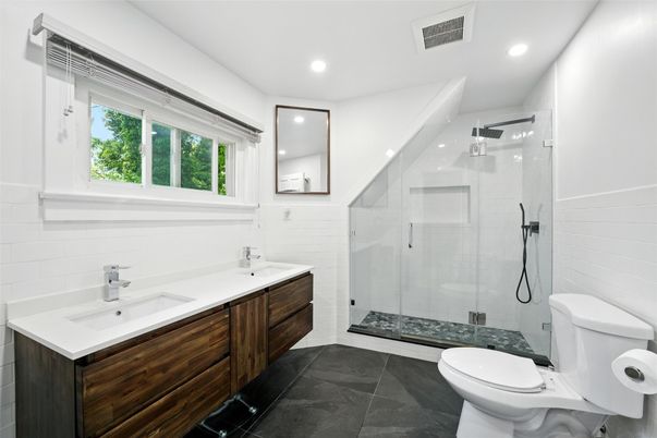 Bathroom, Dual Sink Vanities, Glass Shower, Interior, Recessed Lighting