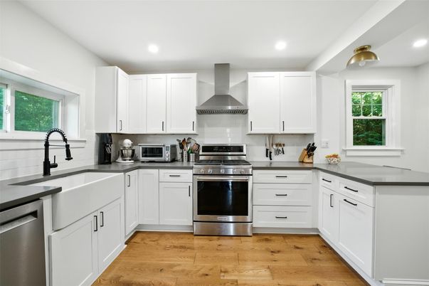 Interior, Kitchen, Recessed Lighting, Stainless Steel Appliances, Wood Texture Flooring