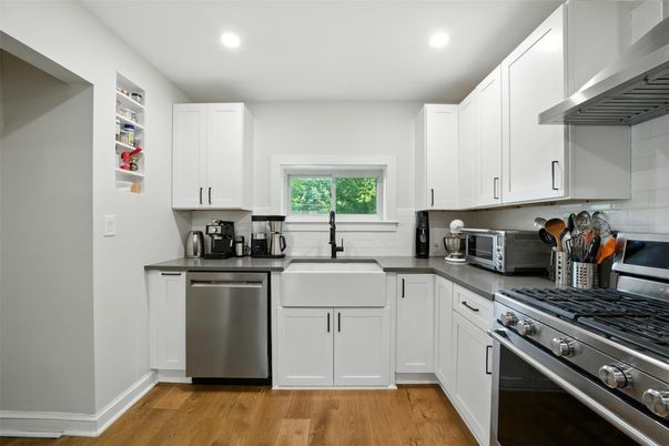 Interior, Kitchen, Recessed Lighting, Stainless Steel Appliances, Wood Texture Flooring