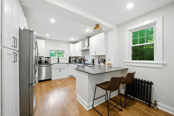 Interior, Kitchen, Recessed Lighting, Stainless Steel Appliances, Wood Texture Flooring