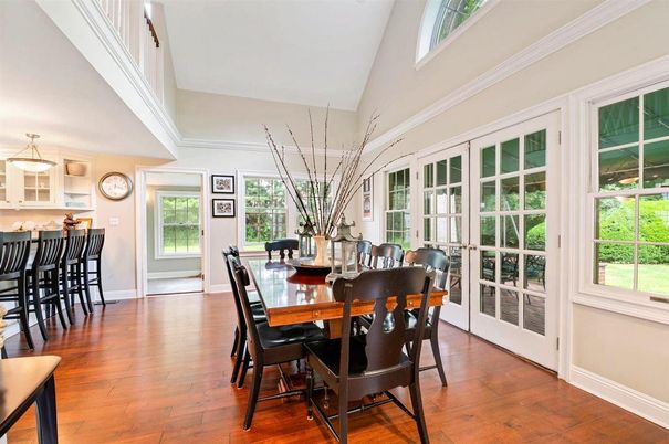 Dining room, Interior, Pendant Lights, Wood Texture Flooring
