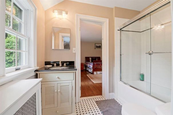 Bathroom, Glass Shower, Interior, Wood Texture Flooring