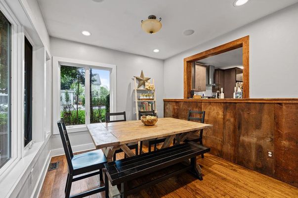 Dining room, Interior, Recessed Lighting, Wood Texture Flooring