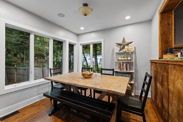 Dining room, Interior, Recessed Lighting, Wood Texture Flooring