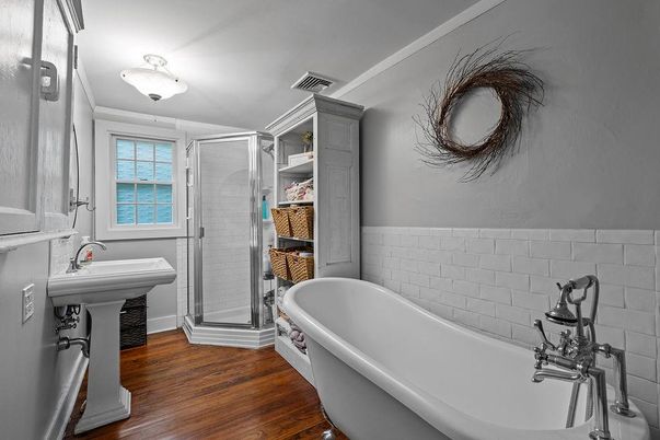 Bathroom, Free Standing Baths, Glass Shower, Interior, Wood Texture Flooring
