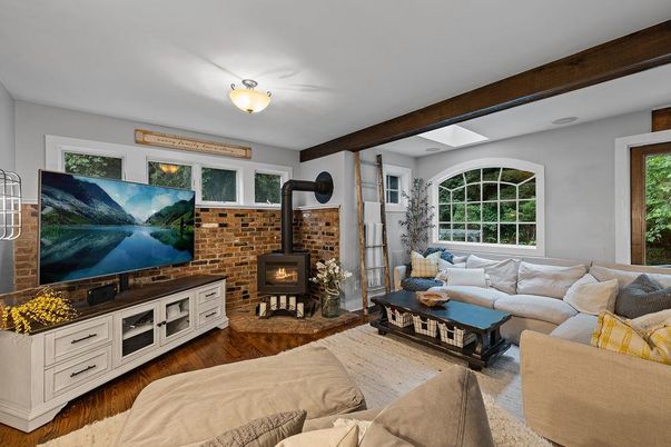 Fireplace, Interior, Living room, Stone Walls, Wood Texture Flooring