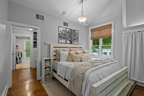 Bedroom, Interior, Pendant Lights, Wood Texture Flooring
