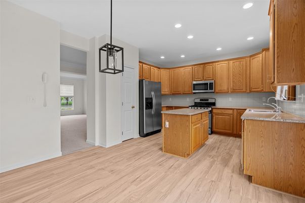 Interior, Kitchen, Pendant Lights, Recessed Lighting, Wood Texture Flooring
