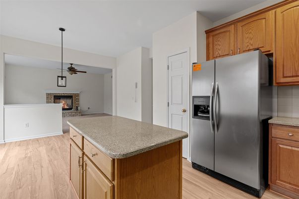 Fireplace, Interior, Kitchen, Pendant Lights, Wood Texture Flooring