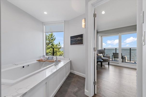 Bathroom, Interior, Recessed Lighting, Water, Wood Texture Flooring