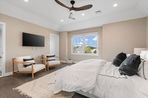 Bedroom, Interior, Recessed Lighting, Wood Texture Flooring