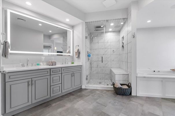 Bathroom, Dual Sink Vanities, Glass Shower, Interior, Marble Walls, Recessed Lighting