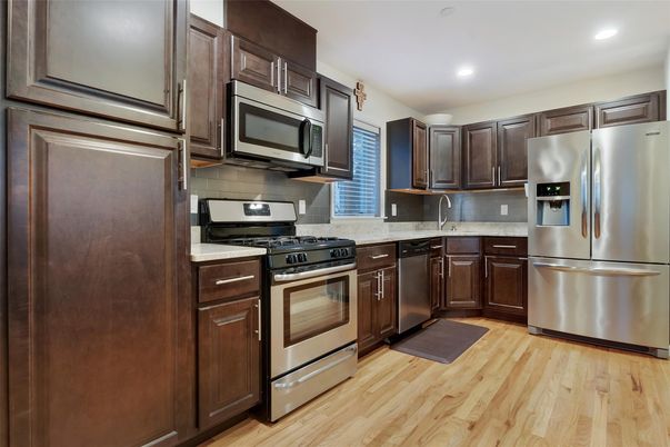 Interior, Kitchen, Recessed Lighting, Stainless Steel Appliances, Wood Texture Flooring