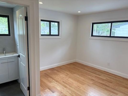 Bathroom, Empty room, Interior, Recessed Lighting, Wood Texture Flooring