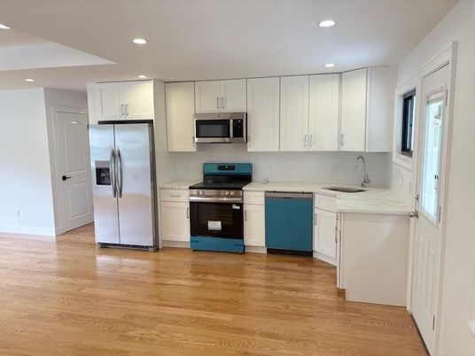 Interior, Kitchen, Recessed Lighting, Stainless Steel Appliances, Wood Texture Flooring
