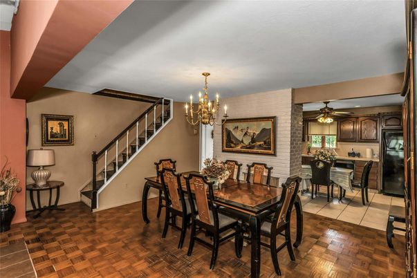 Chandelier, Dining room, Interior, Stone Walls, Wood Texture Flooring