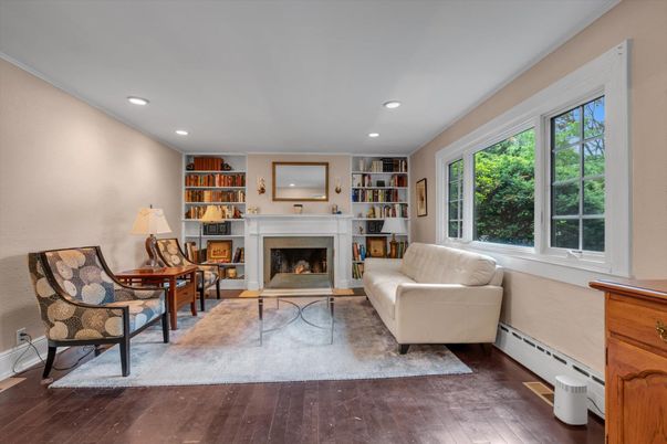 Fireplace, Interior, Living room, Recessed Lighting, Wood Texture Flooring