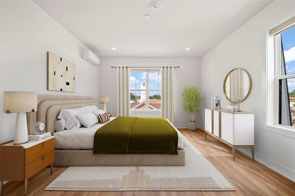 Bedroom, Interior, Recessed Lighting, Wood Texture Flooring
