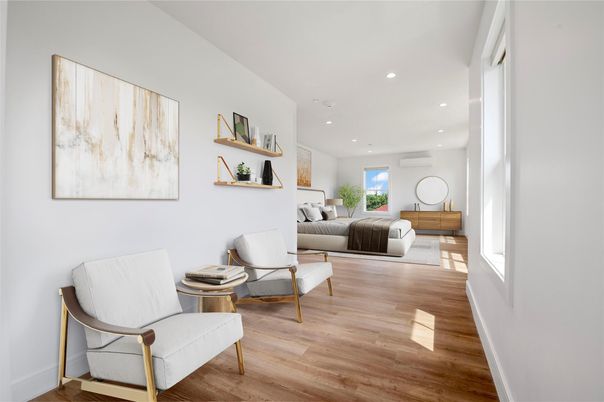 Bedroom, Interior, Recessed Lighting, Wood Texture Flooring