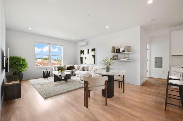 Dining room, Interior, Living room, Recessed Lighting, Wood Texture Flooring