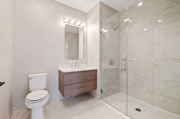 Bathroom, Glass Shower, Interior, Marble, Marble Walls, Recessed Lighting