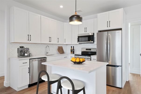 Interior, Kitchen, Pendant Lights, Recessed Lighting, Stainless Steel Appliances, Wood Texture Flooring