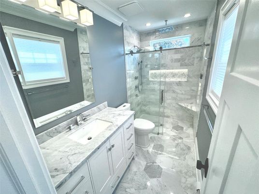 Bathroom, Glass Shower, Interior, Marble Walls, Recessed Lighting