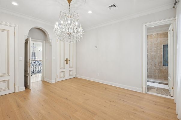 Chandelier, Empty room, Interior, Recessed Lighting, Wood Texture Flooring