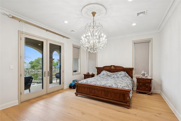 Bedroom, Chandelier, Interior, Recessed Lighting, Wood Texture Flooring