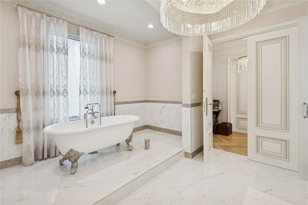 Bathroom, Chandelier, Free Standing Baths, Interior, Marble, Recessed Lighting, Wood Texture Flooring