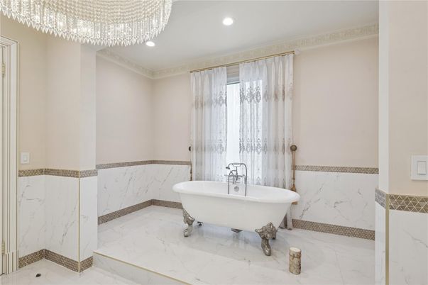 Bathroom, Free Standing Baths, Interior, Marble, Marble Walls, Recessed Lighting