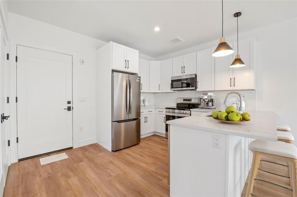 Interior, Kitchen, Pendant Lights, Recessed Lighting, Stainless Steel Appliances, Wood Texture Flooring