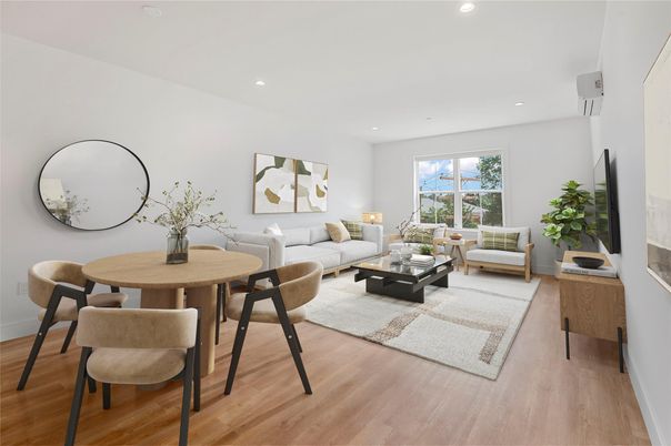 Dining room, Interior, Living room, Recessed Lighting, Wood Texture Flooring