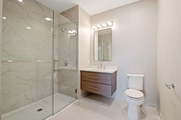 Bathroom, Glass Shower, Interior, Marble, Marble Walls, Recessed Lighting